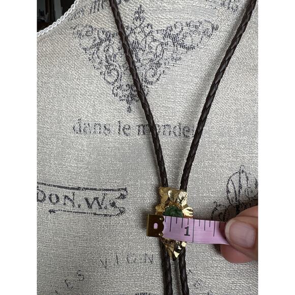 Gold Leaf Bolo Tie w/ Green Stone Unisex Western Fall Festival 2.5” - Picture 3 of 4